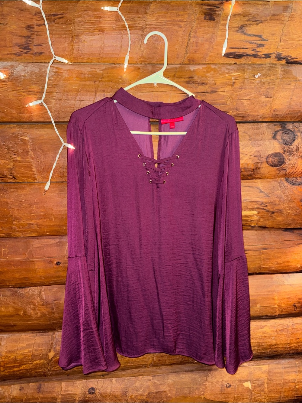 Jennifer Lopez Plum Lace-Up Bell Sleeve Blouse